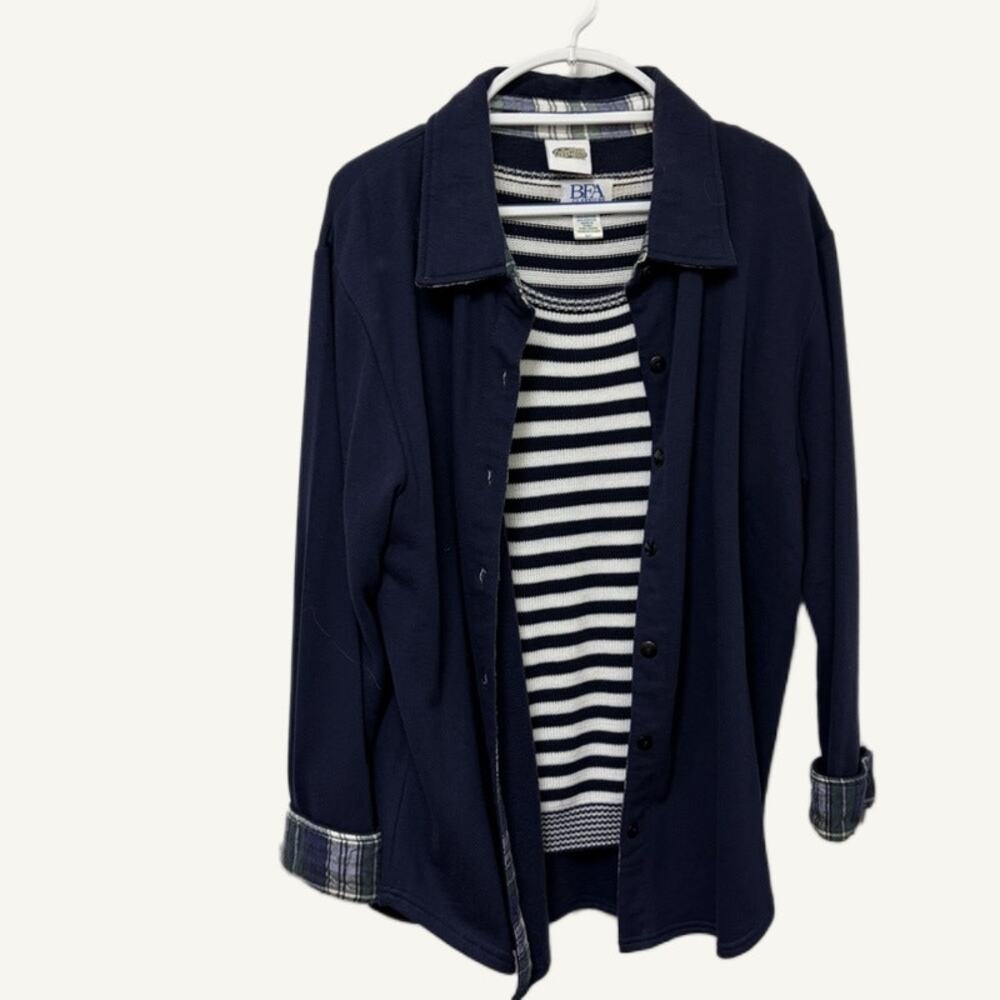 BFA Classics Collections Etc. Navy White Striped Sweater & Fleece Jacket Set L